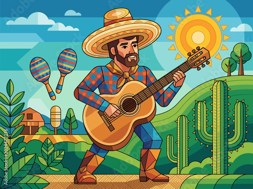 Foto Vibrant Geometric Illustration of a Mexican Musician in Sombrero Playing Guitar