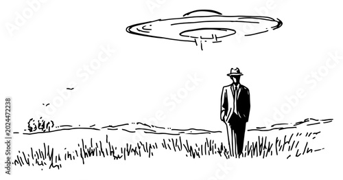 Fotografie Mysterious man in suit standing in field under hovering ufo spaceship sketch