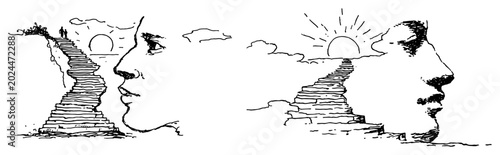 Photos Human face profiles featuring staircases leading to a rising sun in surreal sket