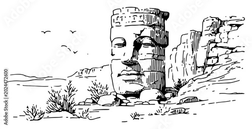 Photos Giant stone head statue in desert rocky landscape black and white sketch style