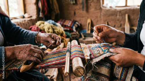 Closeup of Hands Weaving Traditional Textile in Andean Region.