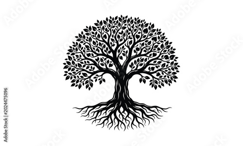 Tree of life silhouette detailed roots and foliage vector illustration