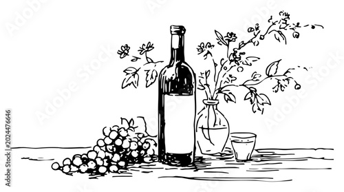 Foto Wine bottle with grapes and floral arrangement in hand drawn sketch style