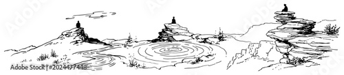 Tableau sur toile Zen landscape with rocky hills and meditative figure in hand drawn sketch style
