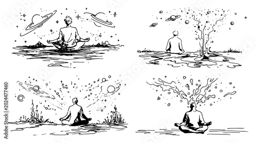Konstfotografi Person meditating in lotus position surrounded by cosmic planets and energy in b