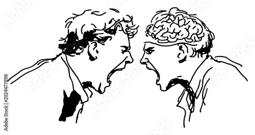 Photos Two men shouting and arguing with visible brain anatomy in minimalist sketch sty