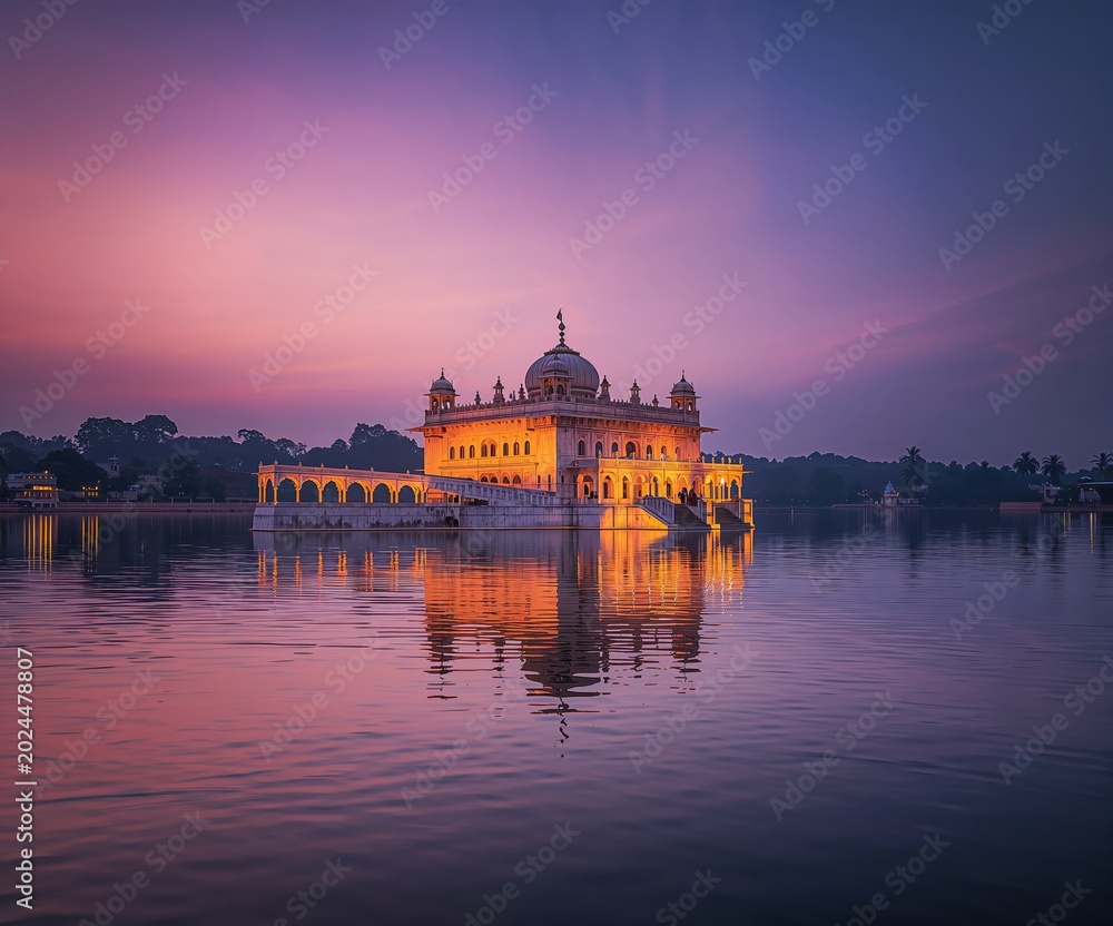 Fototapeta premium Spiritual Golden Temple Landmark with Dramatic Evening Sky