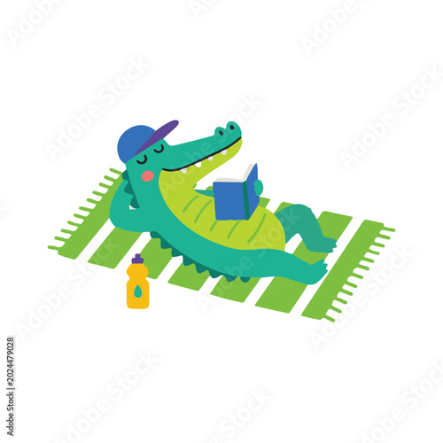 Cute Crocodile Reading a Book on Beach Towel, Summer Relaxation Concept