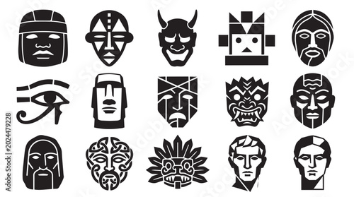 Tableau sur toile Ancient Tribal Mask Silhouette Vector Icons Set Featuring Aztec Totem, Egyptian