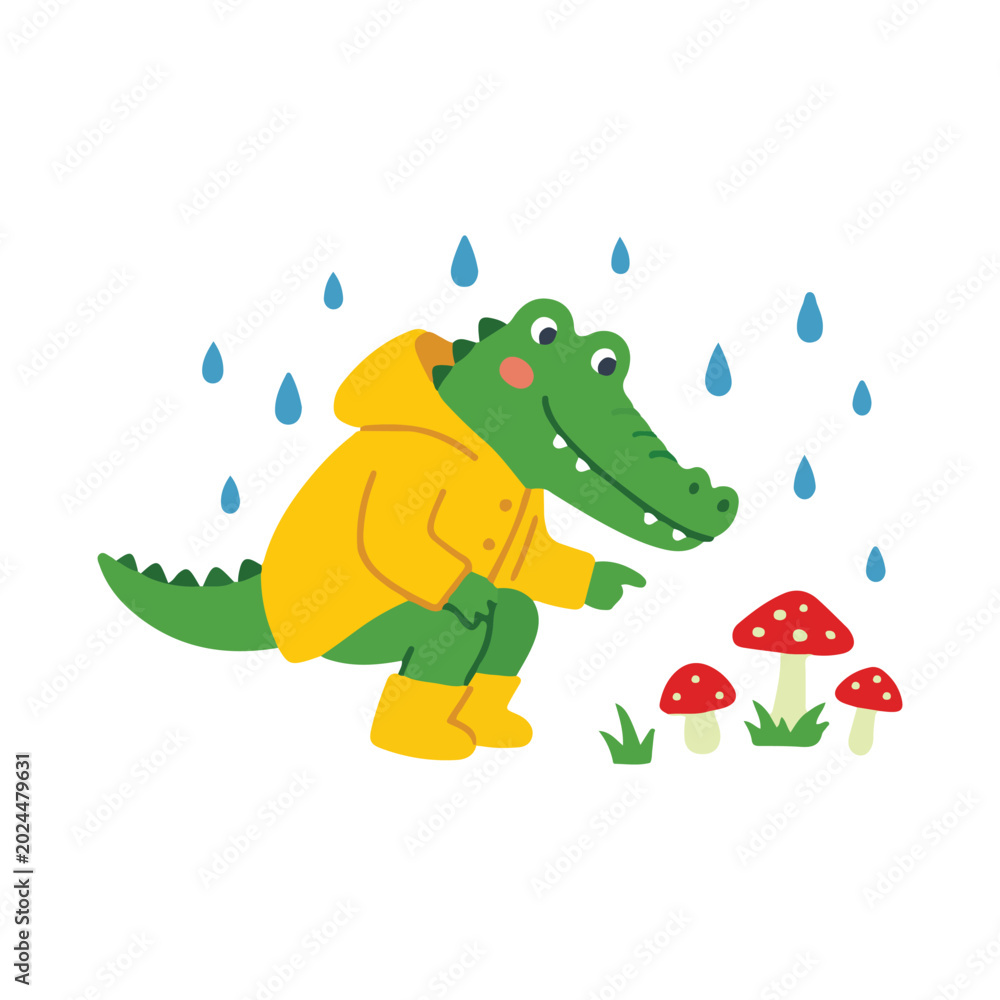 Obraz premium Curious Crocodile in Raincoat Looking at Red Mushrooms, Autumn Nature Discovery
