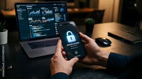 Hands holding locked smartphone displaying security screen