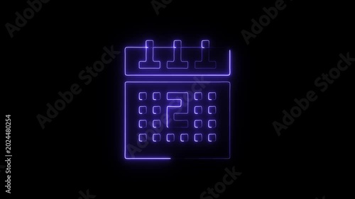 Glowing purple neon calendar icon on black background with date