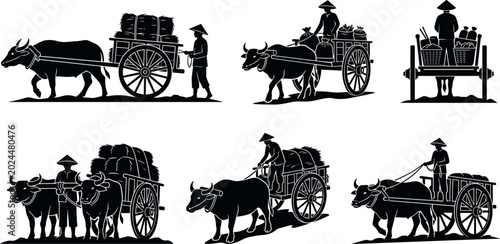 Photos Rural Farmer and Ox Cart Silhouette Set with Traditional Agriculture Transportat