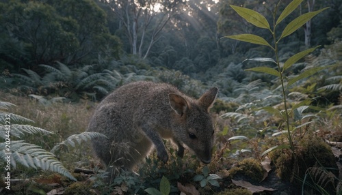 Solitary Tasmanian Pademelon foraging at a temperate forest edge in its natural lush habitat