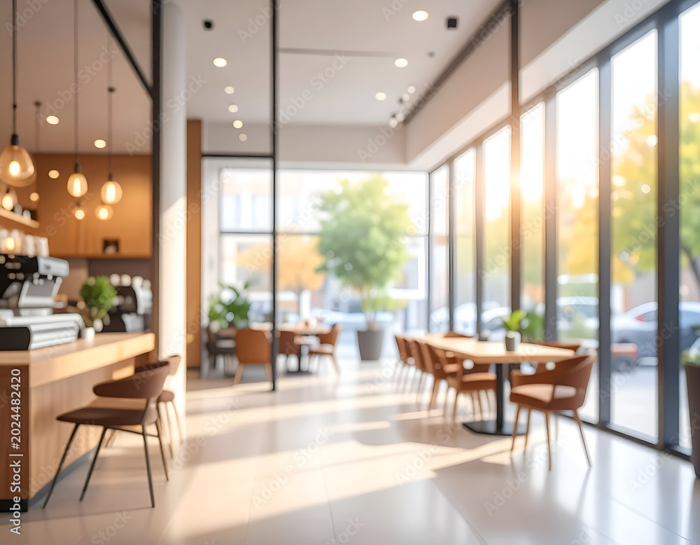 Fototapeta premium Modern Cafe Interior with Natural Light and Comfortable Seating.