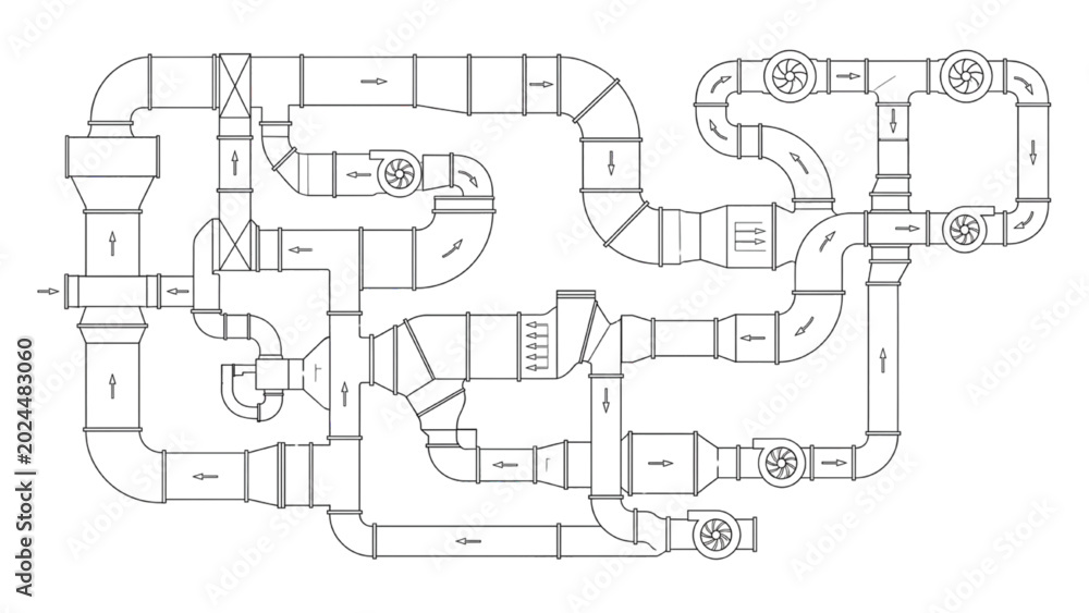 Naklejka premium Industrial HVAC Ventilation Network Mechanical Duct CAD Diagram