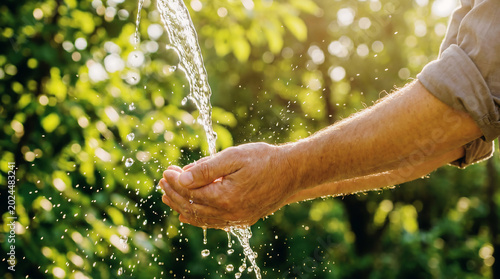 Hands cupping refreshing water droplets under warm sunlight, symbolizing purity, hydration, and environmental stewardship amidst vibrant green foliage