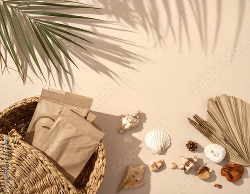 Natural Beach Themed Flat Lay with Wicker Basket and Seashells.