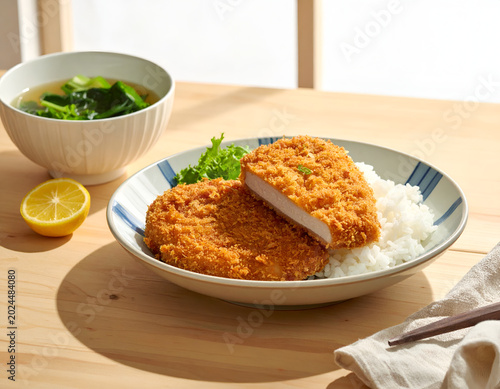Delicious Crispy Pork Cutlet Served with Steamed Rice and Greens.