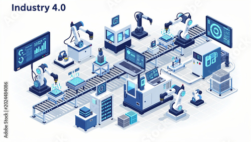Industry 4.0 smart factory automation with robotic arms and conveyor belts