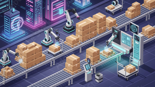Automated factory production line with robotic arms and conveyor belts, futuristic
