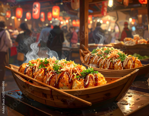 Delicious Takoyaki Balls Served in a Boat-Shaped Dish at a Japanese Street Food Market.