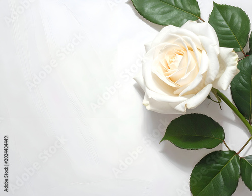 Elegant White Rose Bloom with Green Leaves on a Clean White Background.