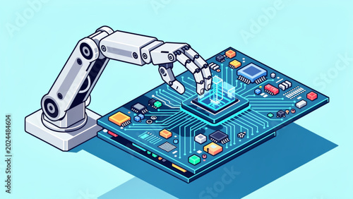 Canvastavla Robotic arm installing microchip on futuristic circuit board, technology concept