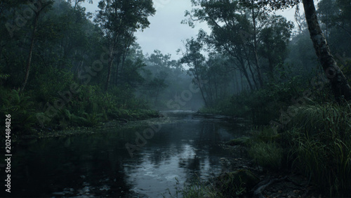 Obraz na płótnie Serene misty forest river scene with lush greenery and calm water in early morni