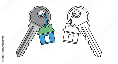 Konstfotografi Two keys with house charms colored and outline silhouette