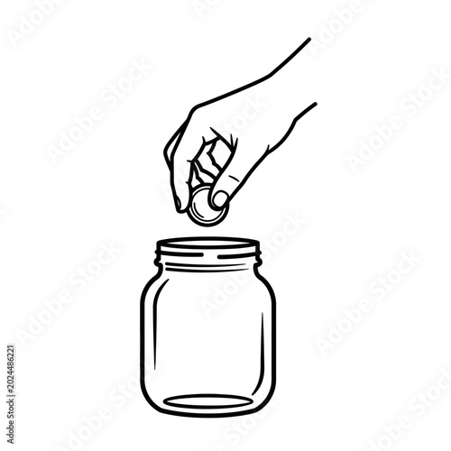 Hand dropping coin into glass jar, savings concept, simple line art illustration