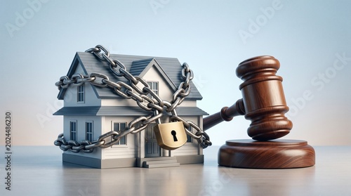Modern Illustration of Foreclosed House with Chains and Judge Gavel