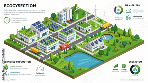 Eco-friendly cityscape with solar panels, wind turbines, and green buildings
