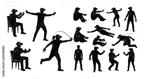 Set of black silhouettes of people playing virtual reality games with headsets