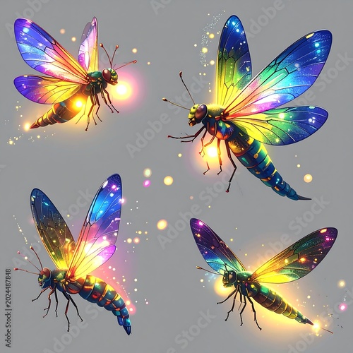 Brightly colored firefly in mid-flight, glowing wings on transparent png background