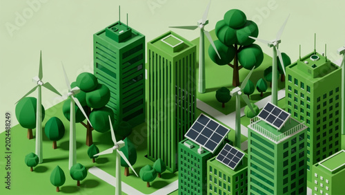 Quadro su tela Green eco city buildings with wind turbines and solar panels, sustainable urban