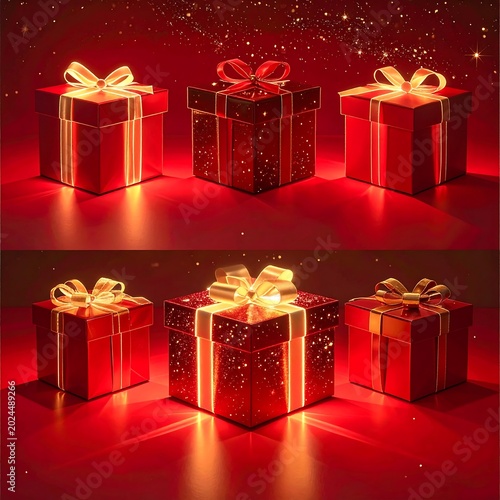 Set of A glowing gift box on a vibrant red surface, highlighting festive details on transparent png background.
