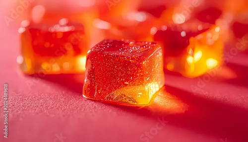 Vibrant orange jelly cubes on pink surface with sparkling texture