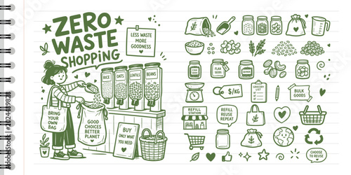 Canvas Print Zero waste shopping doodle icons with woman filling reusable bags at bulk grocer