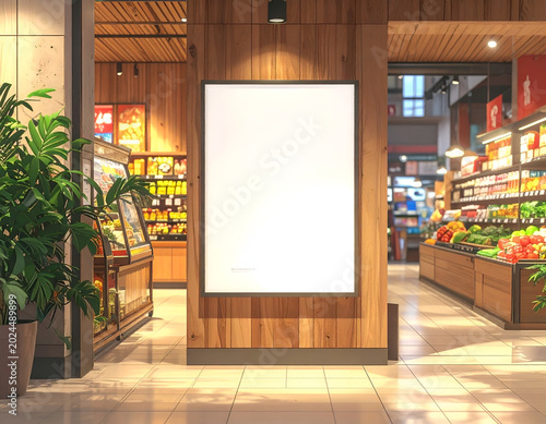 Blank White Signage Display in Modern Grocery Store Entrance.