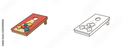 Quadro su tela Color and line art cornhole board game cartoon illustration featuring red board