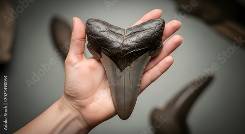 Giant Fossil Megalodon Shark Tooth Held in Hand for Scale.