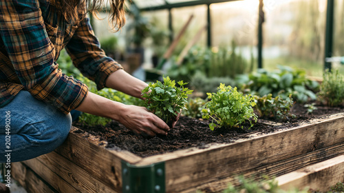 Woman Planting Fresh Herbs in Raised Garden Bed Inside Greenhouse for Sustainable Home Gardening Lifestyle