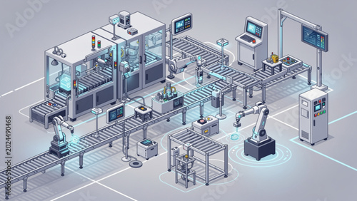 Isometric factory automation line with robotic arms and conveyor belts