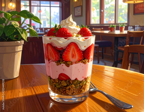 Delicious Strawberry Parfait Dessert with Whipped Cream and Fresh Berries.