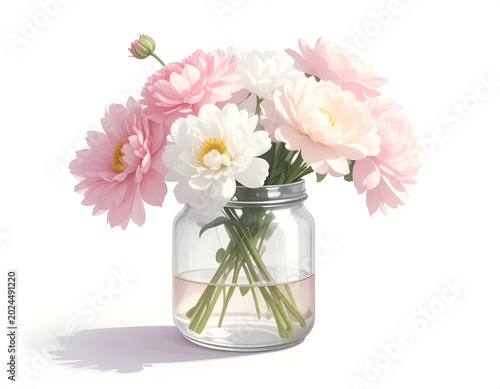 Beautiful Bouquet of Pink and White Flowers in a Mason Jar.