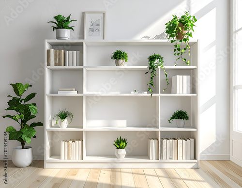 Modern White Bookshelf Filled With Books and Potted Plants.