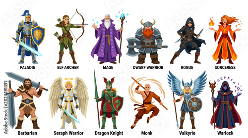 Fantasy adventure character set with twelve unique figures  flat geometric vector style  swords  magic staffs  armor and wings  clean composition  SVG compatible  isolated on white