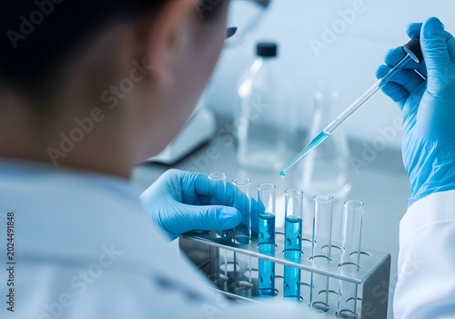 A scientist using a pipette to drop blue liquid into test tubes in a laboratory with sterile blue lighting