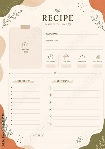 Elegant printable recipe card design with soft neutral colors, botanical accents, modern typography layout, and organized cooking sections. Perfect for recipe collections, food bloggers, kitchen plann